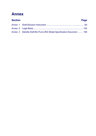Annex 
Section Page 
Annex: 1 Draft Decision Instrument ................................................................. 95 
Annex: 2 Legal Basis...................................................................................... 104 
Annex: 3 Deloitte Draft BU Pure LRIC Model Specification Document ......... 106 
 