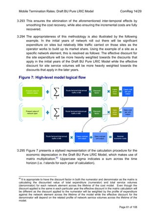 Mobile Termination Rates: Draft BU Pure LRIC Model ComReg 14/29 
Page 81 of 108 
3.293 This ensures the elimination of the aforementioned inter-temporal effects by smoothing the cost recovery, while also ensuring the incremental costs are fully recovered. 
3.294 The appropriateness of this methodology is also illustrated by the following example. In the initial years of network roll out there will be significant expenditure on sites but relatively little traffic carried on those sites as the operator works to build up its market share. Using the example of a site as a specific network element, this is resolved as follows: The effective discount for the site expenditure will be more heavily weighted towards the discounts that apply in the initial years of the Draft BU Pure LRIC Model while the effective discount for site service volumes will be more heavily weighted towards the discounts that apply in the later years. 
Figure 7: High-level model logical flow 
3.295 Figure 7 presents a stylised representation of the calculation procedure for the economic depreciation in the Draft BU Pure LRIC Model, which makes use of matrix multiplication.82 Uppercase sigma indicates a sum across the time horizon (i.e. t stands for each year of calculation). 
82 It is appropriate to have the discount factor in both the numerator and denominator as the matrix is calculating the discounted value of total expenditure (numerator) and total service volumes (denominator) for each network element across the lifetime of the cost model. Even though the discount applied is the same in each particular year the effective discount in the matrix calculation will be different as the discount applied to the numerator will be weighted by the profile of expenditure against the network element across the lifetime of the model while the effective discount for the denominator will depend on the related profile of network service volumes across the lifetime of the model.  