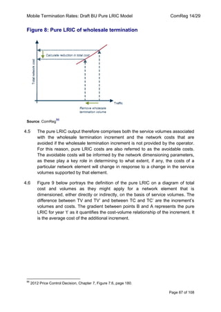 Mobile Termination Rates: Draft BU Pure LRIC Model ComReg 14/29 
Page 87 of 108 
Figure 8: Pure LRIC of wholesale termination 
Source: ComReg86 
4.5 The pure LRIC output therefore comprises both the service volumes associated with the wholesale termination increment and the network costs that are avoided if the wholesale termination increment is not provided by the operator. For this reason, pure LRIC costs are also referred to as the avoidable costs. The avoidable costs will be informed by the network dimensioning parameters, as these play a key role in determining to what extent, if any, the costs of a particular network element will change in response to a change in the service volumes supported by that element. 
4.6 Figure 9 below portrays the definition of the pure LRIC on a diagram of total cost and volumes as they might apply for a network element that is dimensioned, either directly or indirectly, on the basis of service volumes. The difference between TV and TV‟ and between TC and TC‟ are the increment‟s volumes and costs. The gradient between points B and A represents the pure LRIC for year „t‟ as it quantifies the cost-volume relationship of the increment. It is the average cost of the additional increment. 
86 2012 Price Control Decision, Chapter 7, Figure 7.6, page 180.  