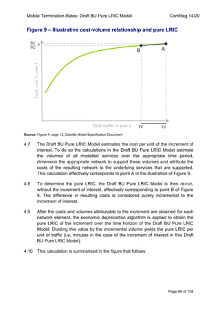 Mobile Termination Rates: Draft BU Pure LRIC Model ComReg 14/29 
Page 88 of 108 
Figure 9 – Illustrative cost-volume relationship and pure LRIC 
Source: Figure 4, page 12, Deloitte Model Specification Document 
4.7 The Draft BU Pure LRIC Model estimates the cost per unit of the increment of interest. To do so the calculations in the Draft BU Pure LRIC Model estimate the volumes of all modelled services over the appropriate time period, dimension the appropriate network to support these volumes and attribute the costs of the resulting network to the underlying services that are supported. This calculation effectively corresponds to point A in the illustration of Figure 9. 
4.8 To determine the pure LRIC, the Draft BU Pure LRIC Model is then re-run, without the increment of interest, effectively corresponding to point B of Figure 9. The difference in resulting costs is considered purely incremental to the increment of interest. 
4.9 After the costs and volumes attributable to the increment are obtained for each network element, the economic depreciation algorithm is applied to obtain the pure LRIC of the increment over the time horizon of the Draft BU Pure LRIC Model. Dividing this value by the incremental volume yields the pure LRIC per unit of traffic (i.e. minutes in the case of the increment of interest in this Draft BU Pure LRIC Model). 
4.10 This calculation is summarised in the figure that follows: 
 