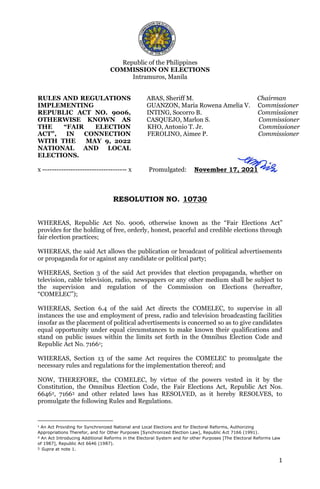 1
Republic of the Philippines
COMMISSION ON ELECTIONS
Intramuros, Manila
RULES AND REGULATIONS
IMPLEMENTING
REPUBLIC ACT N...