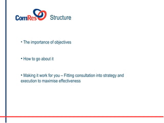 The importance of objectives How to go about it Making it work for you – Fitting consultation into strategy and execution to maximise effectiveness Structure 