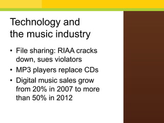 Technology and
the music industry
• File sharing: RIAA cracks
down, sues violators
• MP3 players replace CDs
• Digital music sales grow
from 20% in 2007 to more
than 50% in 2012

 