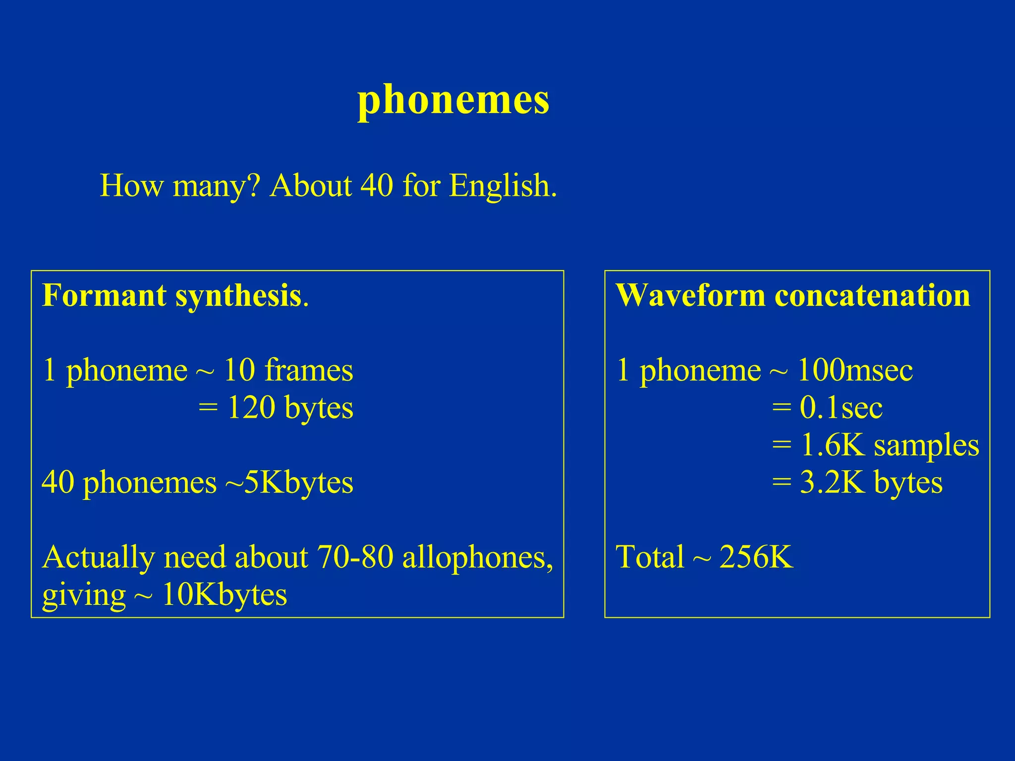 phonemes Formant synthesis . 1 phoneme ~ 10 frames = 120 bytes 40 phonemes ~5Kbytes Actually need about 70-80 allophones, giving ~ 10Kbytes How many? About 40 for English. Waveform concatenation 1 phoneme ~ 100msec = 0.1sec = 1.6K samples = 3.2K bytes Total ~ 256K 