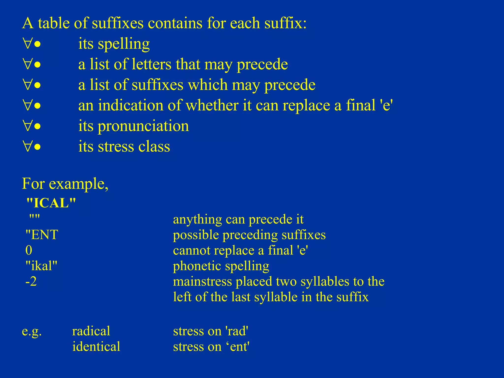 A table of suffixes contains for each suffix:            its spelling            a list of letters that may precede             a list of suffixes which may precede             an indication of whether it can replace a final 'e'            its pronunciation            its stress class    For example, "ICAL" ""  anything can precede it "ENT  possible preceding suffixes 0  cannot replace a final 'e'  "ikal"  phonetic spelling -2  mainstress placed two syllables to the  left of the last syllable in the suffix   e.g.  radical  stress on 'ra d ' identical stress on ‘ ent ' 