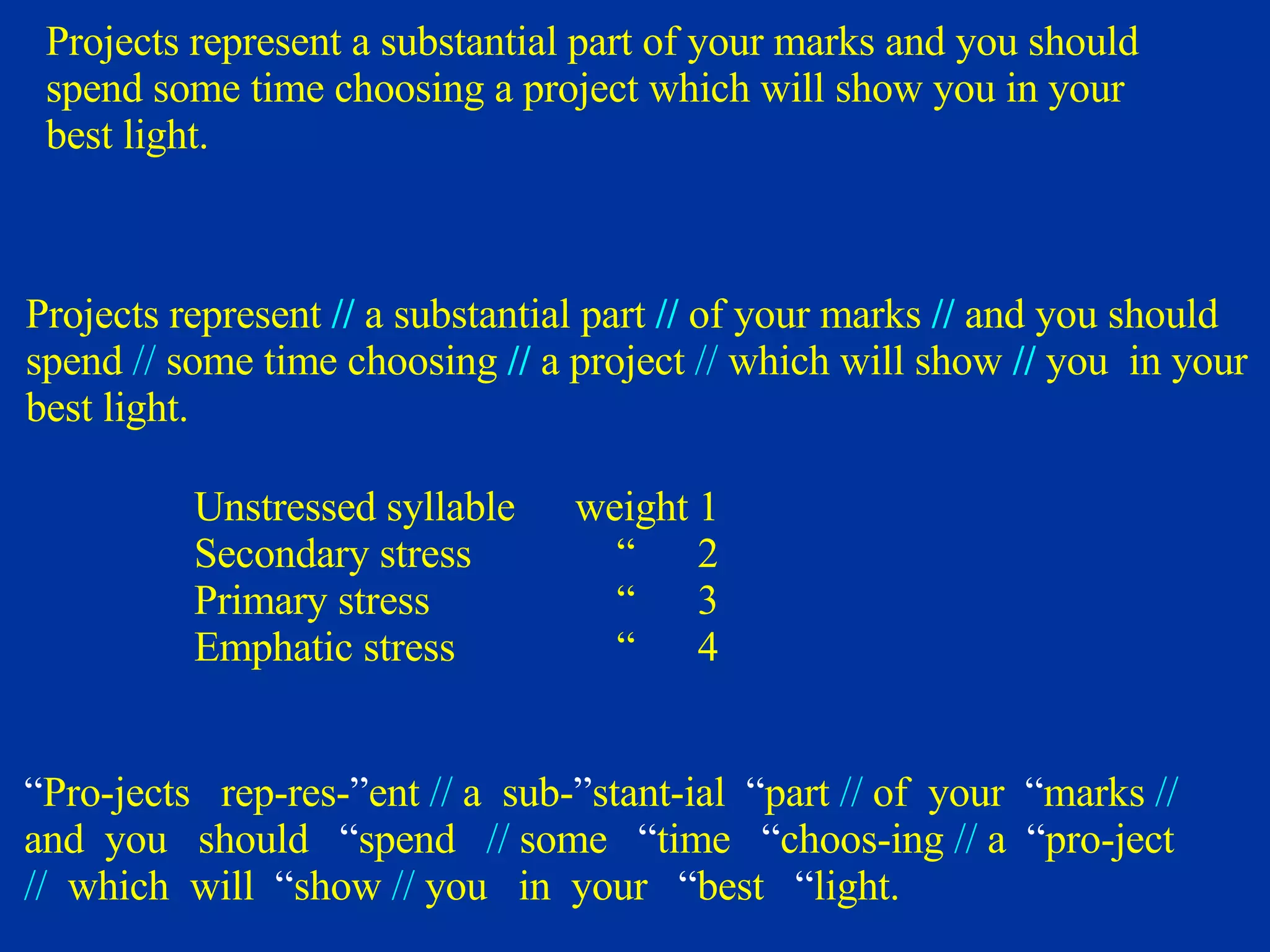 Projects represent a substantial part of your marks and you should  spend some time choosing a project which will show you in your  best light. Projects represent  //  a substantial part  //   of your marks  //  and you should  spend  //  some time choosing  //   a project  //  which will show  //  you  in your  best light. “ Pro-jects  rep-res- ” ent  //  a  sub- ” stant-ial  “ part  //  of  your  “ marks  //  and  you  should  “ spend  //  some  “ time  “ choos-ing  //  a  “ pro-ject  //   which  will  “ show  //  you  in  your  “ best  “ light. Unstressed syllable weight 1 Secondary stress   “  2 Primary stress   “  3 Emphatic stress   “  4 