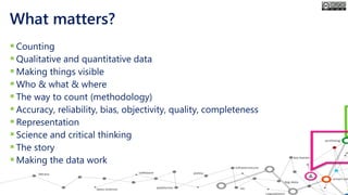 What matters?
▪Counting
▪Qualitative and quantitative data
▪Making things visible
▪Who & what & where
▪The way to count (methodology)
▪Accuracy, reliability, bias, objectivity, quality, completeness
▪Representation
▪Science and critical thinking
▪The story
▪Making the data work
 