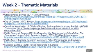 Week 2 - Thematic Materials
▪ Ottawa Police Service (2017) Annual Report,
https://www.ottawapolice.ca/en/annual-report-2017/resources/2017/OPS-2017-
Annual-Report-Online.pdf
▪ City of Ottawa (2017) Budget, https://ottawa.ca/en/news/budget-2017#adopted-
budget-2017-alternative-accessible-format
▪ Canadian Association of Chiefs of Police, Police Information and Statistics (POLIS)
Committee, https://www.cacp.ca/police-information-and-statistics-polis-
committee.html
▪ Public Safety of Canada (2015) Measuring the Performance of the Police: The
Perspective of the Public, Research Report: 2015-R034 by Anton Maslov
https://www.publicsafety.gc.ca/cnt/rsrcs/pblctns/2015-r034/2015-r034-en.pdf
▪ Public Safety Canada, Research Summary: Police Performance and Surveys,
https://www.publicsafety.gc.ca/cnt/rsrcs/pblctns/2015-s034/index-en.aspx
▪ Statistics Canada, (2018) Police Resources in Canada,
https://www150.statcan.gc.ca/n1/pub/85-002-x/2018001/article/54912-eng.htm
http://doi.org/10.22215/tplauriault.courses.2019.coms5225
 