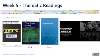 Week 5 - Thematic Readings
http://doi.org/10.22215/tplauriault.courses.2019.coms5225
Ch. 4 Ch. 8
 