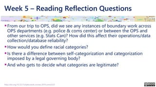 Week 5 – Reading Reflection Questions
▪From our trip to OPS, did we see any instances of boundary work across
OPS departments (e.g. police & coms center) or between the OPS and
other services (e.g. Stats Can)? How did this affect their operations/data
collection/database reliability?
▪How would you define racial categories?
▪Is there a difference between self-categorization and categorization
imposed by a legal governing body?
▪And who gets to decide what categories are legitimate?
http://doi.org/10.22215/tplauriault.courses.2019.coms5225
 