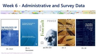 Week 6 - Administrative and Survey Data
http://doi.org/10.22215/tplauriault.courses.2019.coms5225
Ch. 1 & 2 Ch. 2,
Desrosiere
pp.201-222 Ch. 4 Ch. 14
 