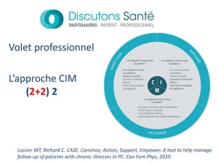 Lussier MT, Richard C. CASE. Convince, Action, Support, Empower. A tool to help manage
follow-up of patients with chronic illnesses in PC. Can Fam Phys, 2010
L’approche CIM
(2+2) 2
Volet professionnel
 