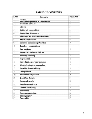 TABLE OF CONTENTS
S.NO                           Contents        PAGE NO.
1      Preface                                 2
2      Acknowledgement & Dedication            3
3      Welcome to CIIT                         4
4      Vision                                  5
5      Letter of transmittal                   6
6      Executive Summary                       7
7      Satisfied with the environment          8
8      Attitude is better                      9
9      Learned something Positive              10
10     Teacher cooperation                     11
11     Fee package                             12
12     Extra curricular activities             13
13     Faculty training                        14
14     Reputation                              15
15     Introduction of new courses             16
16     Monthly student magazine                17
17     Provide financial help                  18
18     Comparable                              19
19     Examination pattern                     20
20     Qualified faculty                       21
21     Research work                           22
22     Admission criteria                      23
23     Career consoling                        24
24     Summary                                 25
25     Recommendation                          26
26     Bibliography                            28
27     Appendix                                29




                                                          1
 