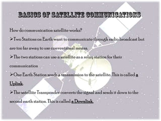 How do communication satellite works?
Two Stations on Earth want to communicate through radio broadcast but
are too far away to use conventional means.
The two stations can use a satellite as a relay station for their
communication
One Earth Station sends a transmission to the satellite. This is called a
Uplink.
The satellite Transponder converts the signal and sends it down to the
second earth station. This is called a Downlink.

 