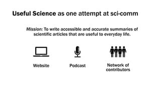 Useful Science as one attempt at sci-comm
Mission: To write accessible and accurate summaries of
scientific articles that are useful to everyday life.
Website Podcast Network of
contributors
 