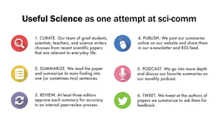 1. Useful Science: From idea to reality
2. Reflections and room for improvement
3. How to build a sci-comm platform
 