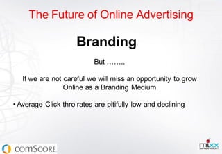 The Future of Online Advertising

                     Branding
                           But ……..

   If we are not careful we will miss an opportunity to grow
                 Online as a Branding Medium

• Average Click thro rates are pitifully low and declining
 