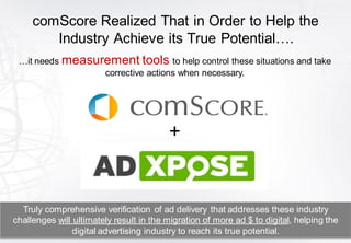 comScore Realized That in Order to Help the
        Industry Achieve its True Potential….
 …it needs measurement tools to help control these situations and take
                 corrective actions when necessary.




                                         +


  Truly comprehensive verification of ad delivery that addresses these industry
challenges will ultimately result in the migration of more ad $ to digital, helping the
                digital advertising industry to reach its true potential.
 
