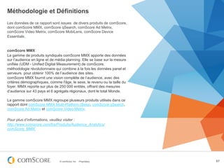 Méthodologie et Définitions
Les données de ce rapport sont issues de divers produits de comScore,
dont comScore MMX, comScore qSearch, comScore Ad Metrix,
comScore Video Metrix, comScore MobiLens, comScore Device
Essentials.


comScore MMX
La gamme de produits syndiqués comScore MMX apporte des données
sur l’audience en ligne et de média planning. Elle se base sur la mesure
unifiée (UDM - Unified Digital Measurement) de comScore,
méthodologie révolutionnaire qui combine à la fois les données panel et
serveurs pour obtenir 100% de l’audience des sites.
comScore MMX fournit une vision complète de l’audience, avec des
critères démographiques, comme l'âge, le sexe, le revenu ou la taille du
foyer. MMX reporte sur plus de 250 000 entités, offrant des mesures
d’audience sur 43 pays et 6 agrégats régionaux, dont le total Monde.

La gamme comScore MMX regroupe plusieurs produits utilisés dans ce
rapport dont comScore MMX Multi-Platform (Beta), comScore qSearch,
comScore Ad Metrix et comScore Video Metrix.

Pour plus d’informations, veuillez visiter :
http://www.comscore.com/fre/Produits/Audience_Analytics/
comScore_MMX




                               © comScore, Inc.   Proprietary.             67
 