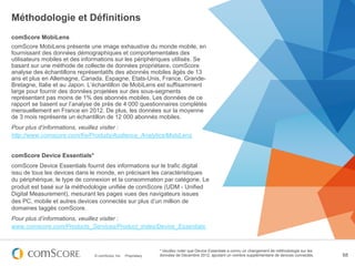 Méthodologie et Définitions
comScore MobiLens
comScore MobiLens présente une image exhaustive du monde mobile, en
fournissant des données démographiques et comportementales des
utilisateurs mobiles et des informations sur les périphériques utilisés. Se
basant sur une méthode de collecte de données propriétaire, comScore
analyse des échantillons représentatifs des abonnés mobiles âgés de 13
ans et plus en Allemagne, Canada, Espagne, Etats-Unis, France, Grande-
Bretagne, Italie et au Japon. L’échantillon de MobiLens est suffisamment
large pour fournir des données projetées sur des sous-segments
représentant pas moins de 1% des abonnés mobiles. Les données de ce
rapport se basent sur l’analyse de près de 4 000 questionnaires complétés
mensuellement en France en 2012. De plus, les données sur la moyenne
de 3 mois représente un échantillon de 12 000 abonnés mobiles.
Pour plus d’informations, veuillez visiter :
http://www.comscore.com/fre/Produits/Audience_Analytics/MobiLens


comScore Device Essentials*
comScore Device Essentials fournit des informations sur le trafic digital
issu de tous les devices dans le monde, en précisant les caractéristiques
du périphérique, le type de connexion et la consommation par catégorie. Le
produit est basé sur la méthodologie unifiée de comScore (UDM - Unified
Digital Measurement), mesurant les pages vues des navigateurs issues
des PC, mobile et autres devices connectés sur plus d’un million de
domaines taggés comScore.
Pour plus d’informations, veuillez visiter :
www.comscore.com/Products_Services/Product_Index/Device_Essentials



                                                                 * Veuillez noter que Device Essentials a connu un changement de méthodologie sur les
                               © comScore, Inc.   Proprietary.   données de Décembre 2012, ajoutant un nombre supplémentaire de devices connectés.      68
 