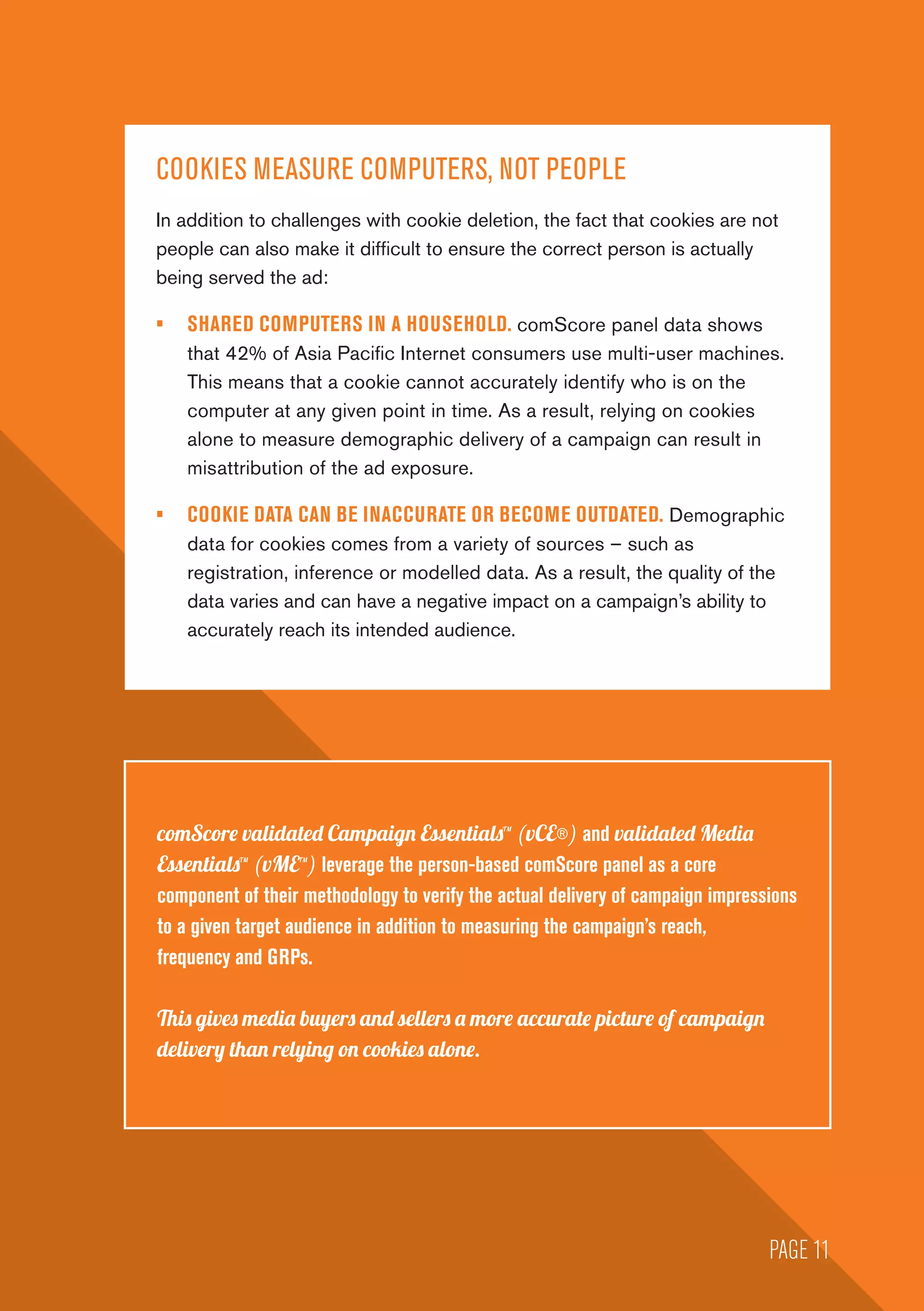 COOKIES MEASURE COMPUTERS, NOT PEOPLE
In addition to challenges with cookie deletion, the fact that cookies are not
people can also make it difficult to ensure the correct person is actually
being served the ad:
•	 SHARED COMPUTERS IN A HOUSEHOLD. comScore panel data shows
that 42% of Asia Pacific Internet consumers use multi-user machines.
This means that a cookie cannot accurately identify who is on the
computer at any given point in time. As a result, relying on cookies
alone to measure demographic delivery of a campaign can result in
misattribution of the ad exposure.
•	 COOKIE DATA CAN BE INACCURATE OR BECOME OUTDATED. Demographic
data for cookies comes from a variety of sources – such as
registration, inference or modelled data. As a result, the quality of the
data varies and can have a negative impact on a campaign’s ability to
accurately reach its intended audience.
comScore validated Campaign Essentials™ (vCE®) and validated Media
Essentials™ (vME™) leverage the person-based comScore panel as a core
component of their methodology to verify the actual delivery of campaign impressions
to a given target audience in addition to measuring the campaign’s reach,
frequency and GRPs.
This gives media buyers and sellers a more accurate picture of campaign
delivery than relying on cookies alone.
PAGE 11
 