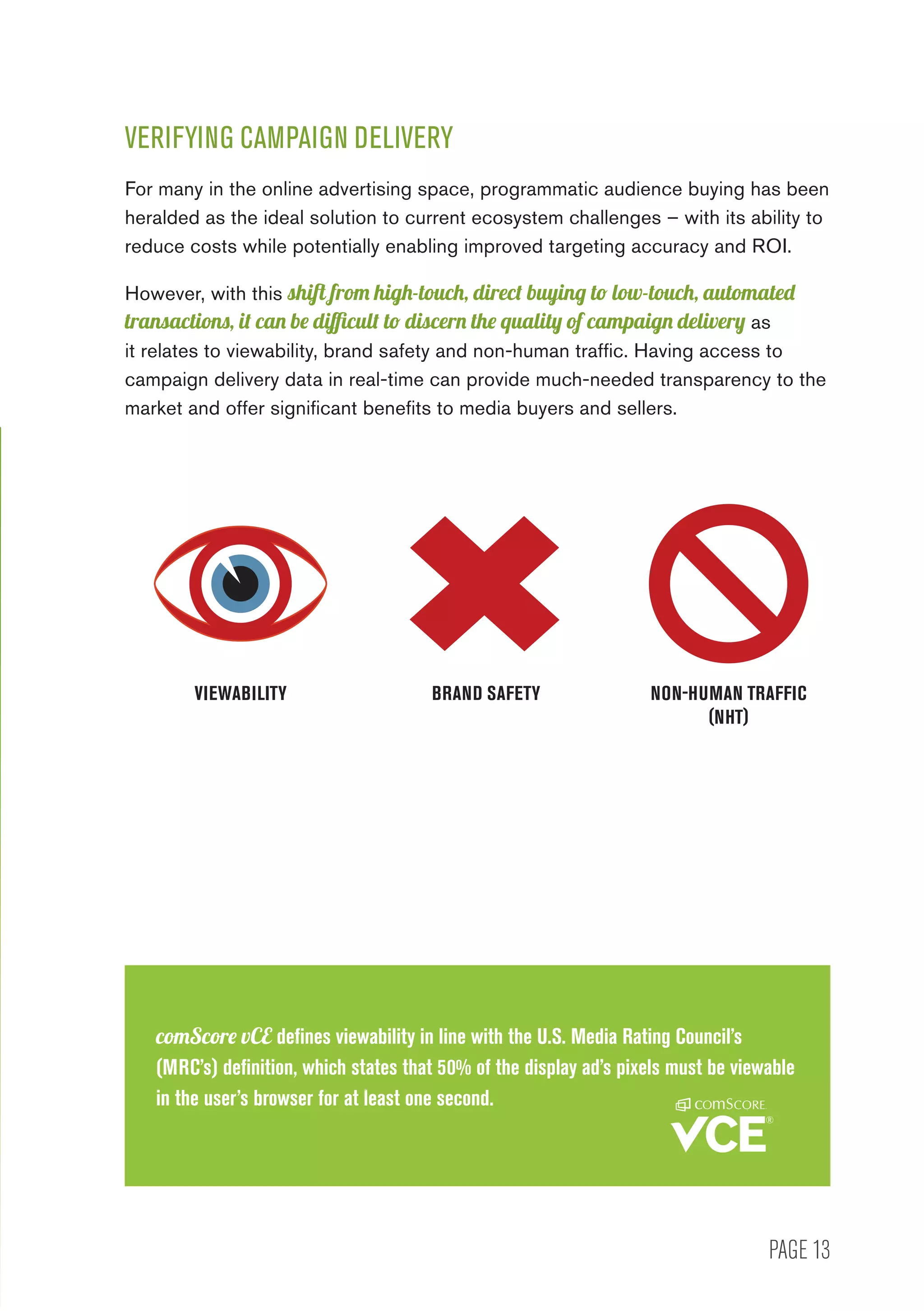 PAGE 13
VERIFYING CAMPAIGN DELIVERY
For many in the online advertising space, programmatic audience buying has been
heralded as the ideal solution to current ecosystem challenges – with its ability to
reduce costs while potentially enabling improved targeting accuracy and ROI.
However, with this shift from high-touch, direct buying to low-touch, automated
transactions, it can be difficult to discern the quality of campaign delivery as
it relates to viewability, brand safety and non-human traffic. Having access to
campaign delivery data in real-time can provide much-needed transparency to the
market and offer significant benefits to media buyers and sellers.
comScore vCE defines viewability in line with the U.S. Media Rating Council’s
(MRC’s) definition, which states that 50% of the display ad’s pixels must be viewable
in the user’s browser for at least one second.
VIEWABILITY BRAND SAFETY NON-HUMAN TRAFFIC
(NHT)
 