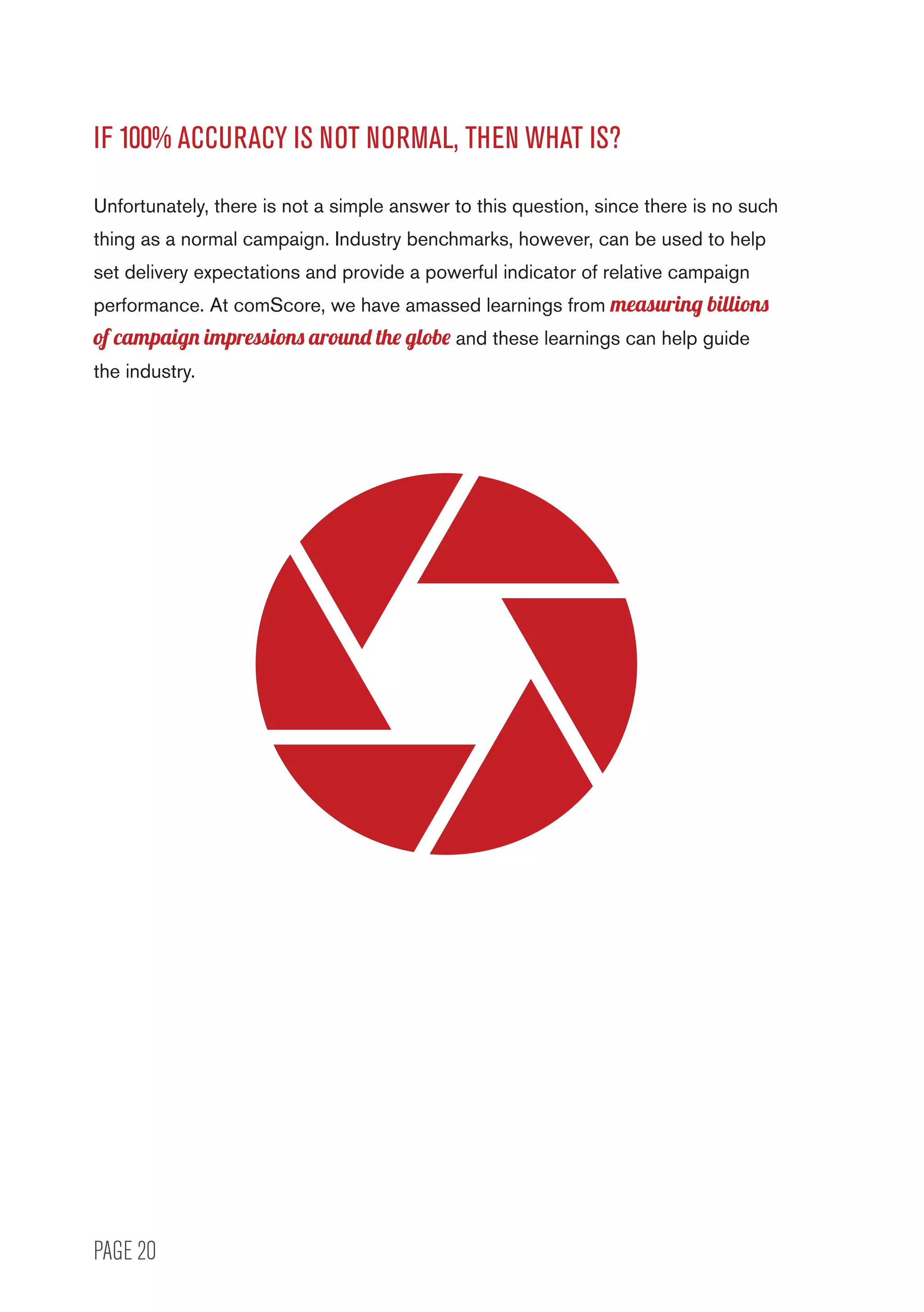 PAGE 20
IF 100% ACCURACY IS NOT NORMAL, THEN WHAT IS?
Unfortunately, there is not a simple answer to this question, since there is no such
thing as a normal campaign. Industry benchmarks, however, can be used to help
set delivery expectations and provide a powerful indicator of relative campaign
performance. At comScore, we have amassed learnings from measuring billions
of campaign impressions around the globe and these learnings can help guide
the industry.
 