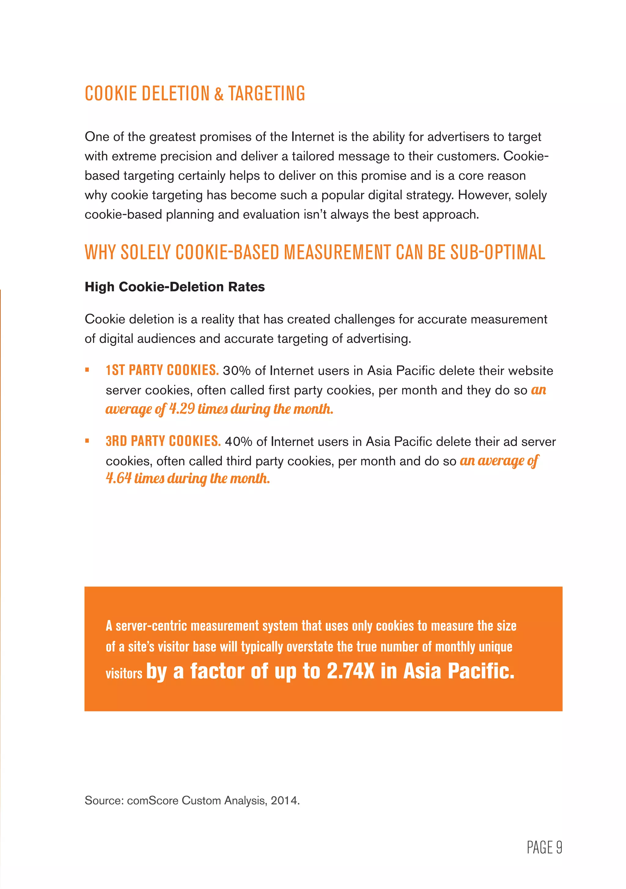 PAGE 9
COOKIE DELETION  TARGETING
One of the greatest promises of the Internet is the ability for advertisers to target
with extreme precision and deliver a tailored message to their customers. Cookie-
based targeting certainly helps to deliver on this promise and is a core reason
why cookie targeting has become such a popular digital strategy. However, solely
cookie-based planning and evaluation isn’t always the best approach.
WHY SOLELY COOKIE-BASED MEASUREMENT CAN BE SUB-OPTIMAL
High Cookie-Deletion Rates
Cookie deletion is a reality that has created challenges for accurate measurement
of digital audiences and accurate targeting of advertising.
•	 1ST PARTY COOKIES. 30% of Internet users in Asia Pacific delete their website
server cookies, often called first party cookies, per month and they do so an
average of 4.29 times during the month.
•	 3RD PARTY COOKIES. 40% of Internet users in Asia Pacific delete their ad server
cookies, often called third party cookies, per month and do so an average of
4.64 times during the month.
A server-centric measurement system that uses only cookies to measure the size
of a site’s visitor base will typically overstate the true number of monthly unique
visitors by a factor of up to 2.74X in Asia Pacific.
Source: comScore Custom Analysis, 2014.
 