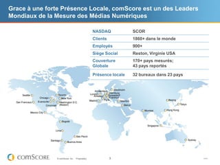Grace à une forte Présence Locale, comScore est un des Leaders
Mondiaux de la Mesure des Médias Numériques

                                                 NASDAQ            SCOR
                                                 Clients           1860+ dans le monde
                                                 Employés          900+
                                                 Siège Social      Reston, Virginie USA
                                                 Couverture        170+ pays mesurés;
                                                 Globale           43 pays reportés

                                                 Présence locale   32 bureaux dans 23 pays




               © comScore, Inc.   Proprietary.             3                                 V1011
 