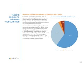 tablets    Apple iOS Ecosystem Drives Majority of Connected Device Traffic

   and multi-   For a holistic understanding of the mobile, tablet and
                connected device landscape, it is important to look at the
                                                                                U.S. Connected Device Digital Traffic Market Share by OS
                                                                                Source: comScore Device Essentials, Dec-2011, U.S.

    platform    reach of the various platforms shaping this landscape.
                Through an analysis of each platform’s overall share of
consumption     Internet traffic, one can see how these platforms are driving
                                                                                                     3.2%
                                                                                                            4.2%
                and changing digital media consumption.

                An analysis of Internet traffic flowing through classic web
                devices (such as desktop computers or laptops), mobile
                phones, and connected devices in the U.S. shows that
                while Google’s Android OS has taken the lead in terms
                of mobile device market share in the U.S., Apple iOS
                continues to account for the highest share of traffic across                 32.4%
                the board. By the end of 2011, iOS was driving 60.1
                percent of all connected device traffic in the U.S. from                                                       60.1%

                iPads, iPhones, and iPod Touches. In contrast, the Android
                OS accounted for only 32.4 percent of traffic.




                                                                                               ios    android      rim   other platforms




                                                                                                                                           38
 