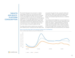 tablets    The trend for Newspaper site consumption on tablets
                shows highest relative use in the evening, just before
                                                                                                       consumption throughout the day, compared to tablets and
                                                                                                       mobile devices. Tablet use saw significantly higher relative
   and multi-   midnight. This indicates that tablet owners are most likely                            use in the morning, as tablet owners were more likely to
                to turn to their tablets for news late in the evening after                            browse news leisurely through these devices on a weekend
    platform    unplugging from their computer screens and before getting                              morning.
consumption     ready to turn in for the night. Mobile devices, on the other
                hand, display a moderately steady trend for relative news                              These differing trends highlight how consumers depend on a
                consumption through the day, suggesting that people turn                               variety of devices to consume information depending on their
                to their phones for news in small, regular doses as they                               needs at the moment – broadly illustrating an overall shift
                move from location to location throughout the day.                                     toward cross-platform digital media consumption through
                                                                                                       multiple device touchpoints. In 2012, it will be interesting to
                The relative traffic trends for weekend news consumption                               see how such digital media consumption habits continue to
                paint a different picture. Computers drove less relative news                          be shaped by tablets and connected devices to be released.

                Share of U.S. Device Page Traffic for the Newspaper Category Over a Day (Weekend)
                Source: comScore Custom Analytics, January 28, 2012 (Saturday), U.S.


                                                             10%
                 Share of Daily Device Traffic to Category




                                                             9%

                                                             8%

                                                             7%

                                                             6%

                                                             5%

                                                             4%

                                                             3%

                                                             2%

                                                             1%

                                                             0%

                                                                   12:00 AM                  6:00 AM           12:00 pM                        6:00 pM




                                                                      tablet   mobile   computer




                                                                                                                                                                         42
 