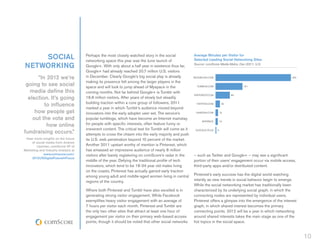 SOCIAL                           Perhaps the most closely watched story in the social
                                     networking space this year was the June launch of
                                                                                                        Average Minutes per Visitor for
                                                                                                        Selected Leading Social Networking Sites
NETWORKING                           Google+. With only about a half year in existence thus far,        Source: comScore Media Metrix, Dec-2011, U.S.

                                     Google+ had already reached 20.7 million U.S. visitors
      “In 2012 we’re                 in December. Clearly Google’s big social play is already           FACEBOOK.COM                                              423
                                     making its presence felt among the larger players in the
 going to see social                 space and will look to jump ahead of Myspace in the                  TUMBLR.COM                     151

   media define this                 coming months. Not far behind Google+ is Tumblr with
                                                                                                        PINTEREST.COM             80
  election. It’s going               18.8 million visitors. After years of slowly but steadily
                                     building traction within a core group of followers, 2011
         to influence                                                                                    TWITTER.COM         25
                                     marked a year in which Tumblr’s audience moved beyond
     how people get                  innovators into the early adopter user set. The service’s           LINKEDIN.COM       15

    out the vote and                 popular tumblogs, which have become an Internet mainstay
                                                                                                             MYSPACE        13
          how online                 for people with specific interests, often feature funny or
                                     irreverent content. The critical test for Tumblr will come as it
fundraising occurs.”                 attempts to cross the chasm into the early majority and push
                                                                                                         GOOGLE PLUS    5


 Hear more insights on the future    its U.S. web penetration beyond 10 percent of the market.
     of social media from Andrew
        Lipsman, comScore VP of      Another 2011 upstart worthy of mention is Pinterest, which
Marketing and Industry Analysis at   has amassed an impressive audience of nearly 8 million
             www.comscore.com/       visitors after barely registering on comScore’s radar in the       – such as Twitter and Google+ – may see a significant
     2012USDigitalFutureInFocus
                                     middle of the year. Defying the traditional profile of tech        portion of their users’ engagement occur via mobile access,
                                     innovators, which tend to be 18-34 year old males living           third-party apps and/or distributed content.
                                     on the coasts, Pinterest has actually gained early traction
                                     among young adult and middle-aged women living in central          Pinterest’s early success has the digital world watching
                                     regions of the country.                                            intently as new trends in social behavior begin to emerge.
                                                                                                        While the social networking market has traditionally been
                                     Where both Pinterest and Tumblr have also excelled is in           characterized by its underlying social graph, in which the
                                     generating strong visitor engagement. While Facebook               connecting nodes are represented by individual users,
                                     exemplifies heavy visitor engagement with an average of            Pinterest offers a glimpse into the emergence of the interest
                                     7 hours per visitor each month, Pinterest and Tumblr are           graph, in which shared interest becomes the primary
                                     the only two other sites that attract at least one hour of         connecting points. 2012 will be a year in which networking
                                     engagement per visitor on their primary web-based access           around shared interests takes the main stage as one of the
                                     points, though it should be noted that other social networks       hot topics in the social space.


                                                                                                                                                                        10
 