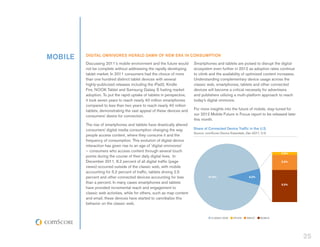 MOBILE   DIGITAL OMNIVORES HERALD DAWN OF NEW ERA IN CONSUMPTION
         Discussing 2011’s mobile environment and the future would       Smartphones and tablets are poised to disrupt the digital
         not be complete without addressing the rapidly developing       ecosystem even further in 2012 as adoption rates continue
         tablet market. In 2011 consumers had the choice of more         to climb and the availability of optimized content increases.
         than one hundred distinct tablet devices with several           Understanding complementary device usage across the
         highly-publicized releases including the iPad2, Kindle          classic web, smartphones, tablets and other connected
         Fire, NOOK Tablet and Samsung Galaxy S fueling market           devices will become a critical necessity for advertisers
         adoption. To put the rapid uptake of tablets in perspective,    and publishers utilizing a multi-platform approach to reach
         it took seven years to reach nearly 40 million smartphones      today’s digital omnivore.
         compared to less than two years to reach nearly 40 million
         tablets, demonstrating the vast appeal of these devices and     For more insights into the future of mobile, stay-tuned for
         consumers’ desire for connection.                               our 2012 Mobile Future in Focus report to be released later
                                                                         this month.
         The rise of smartphones and tablets have drastically altered
         consumers’ digital media consumption changing the way           Share of Connected Device Traffic in the U.S.
                                                                         Source: comScore Device Essentials, Dec-2011, U.S.
         people access content, where they consume it and the
         frequency of consumption. This evolution of digital device
         interaction has given rise to an age of ‘digital omnivores’
         – consumers who access content through several touch
                                                                                                                               0.5%
         points during the course of their daily digital lives. In
         December 2011, 8.2 percent of all digital traffic (page                                                               2.5%
         views) occurred outside of the classic web, with mobile
         accounting for 5.2 percent of traffic, tablets driving 2.5
         percent and other connected devices accounting for less                   91.8%                       8.2%

         than a percent. In many cases smartphones and tablets                                                                 5.2%
         have provided incremental reach and engagement to
         classic web activities, while for others, such as map content
         and email, these devices have started to cannibalize this
         behavior on the classic web.


                                                                                     CLASSIC WEB    OTHER    TABLET   MOBILE




                                                                                                                                         25
 