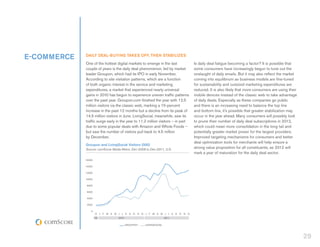 E-COMMERCE   DAILY DEAL-BUYING TAKES OFF, THEN STABILIZES
             One of the hottest digital markets to emerge in the last               Is daily deal fatigue becoming a factor? It is possible that
             couple of years is the daily deal phenomenon, led by market            some consumers have increasingly begun to tune out the
             leader Groupon, which had its IPO in early November.                   onslaught of daily emails. But it may also reflect the market
             According to site visitation patterns, which are a function            coming into equilibrium as business models are fine-tuned
             of both organic interest in the service and marketing                  for sustainability and outsized marketing expenditures are
             expenditures, a market that experienced nearly universal               reduced. It is also likely that more consumers are using their
             gains in 2010 has begun to experience uneven traffic patterns          mobile devices instead of the classic web to take advantage
             over the past year. Groupon.com finished the year with 12.5            of daily deals. Especially as these companies go public
             million visitors via the classic web, marking a 15-percent             and there is an increasing need to balance the top line
             increase in the past 12 months but a decline from its peak of          and bottom line, it’s possible that greater stabilization may
             14.5 million visitors in June. LivingSocial, meanwhile, saw its        occur in the year ahead. Many consumers will possibly look
             traffic surge early in the year to 11.2 million visitors – in part     to prune their number of daily deal subscriptions in 2012,
             due to some popular deals with Amazon and Whole Foods –                which could mean more consolidation in the long tail and
             but saw the number of visitors pull back to 4.5 million                potentially greater market power for the largest providers.
             by December.                                                           Improved targeting mechanisms for consumers and better
                                                                                    deal optimization tools for merchants will help ensure a
             Groupon and LivingSocial Visitors (000)
             Source: comScore Media Metrix, Dec-2009 to Dec-2011, U.S.              strong value proposition for all constituents, as 2012 will
                                                                                    mark a year of maturation for the daily deal sector.
             16000

             14000

             12000

             10000

             8000

             6000

             4000

              2000

                0
                     D J   F M A M J J A S O N      D J   F M A M J J A S O N   D
                     ‘09           2010                              2011

                                          GROUPON     LIVINGSOCIAL




                                                                                                                                                     29
 