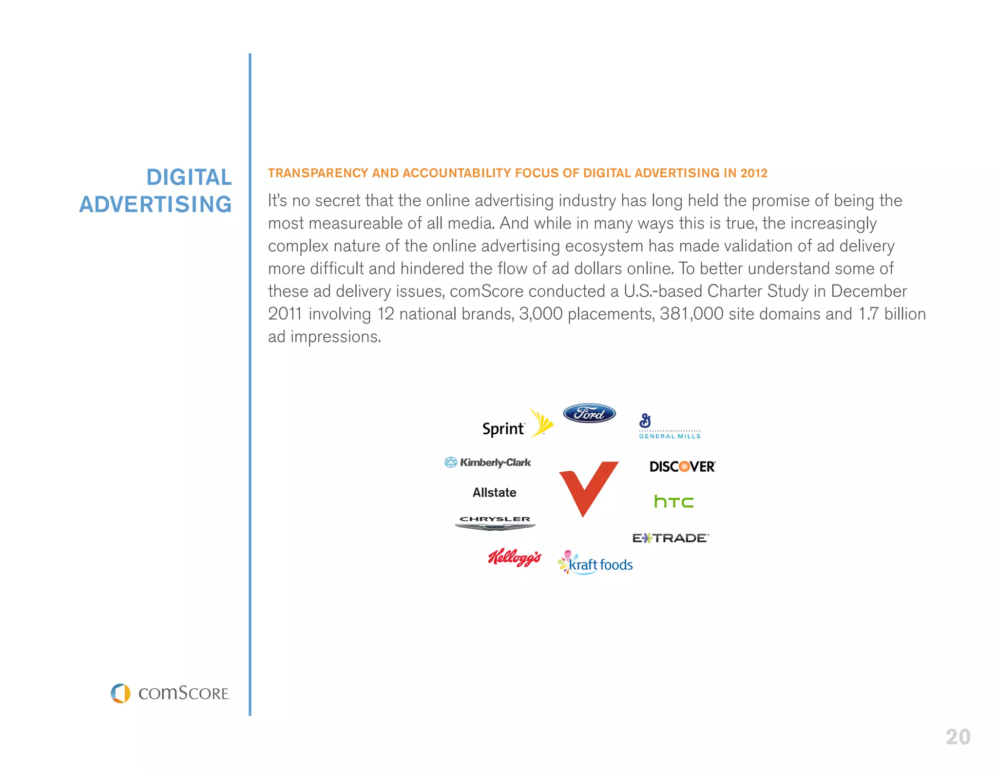 DIGITAL   TRANSPARENCY AND ACCOUNTABILITY FOCUS OF DIGITAL ADVERTISING IN 2012

ADVERTISING   It’s no secret that the online advertising industry has long held the promise of being the
              most measureable of all media. And while in many ways this is true, the increasingly
              complex nature of the online advertising ecosystem has made validation of ad delivery
              more difficult and hindered the flow of ad dollars online. To better understand some of
              these ad delivery issues, comScore conducted a U.S.-based Charter Study in December
              201 involving 12 national brands, 3,000 placements, 381,000 site domains and 1.7 billion
                   1
              ad impressions.




                                         Allstate




                                                                                                           20
 