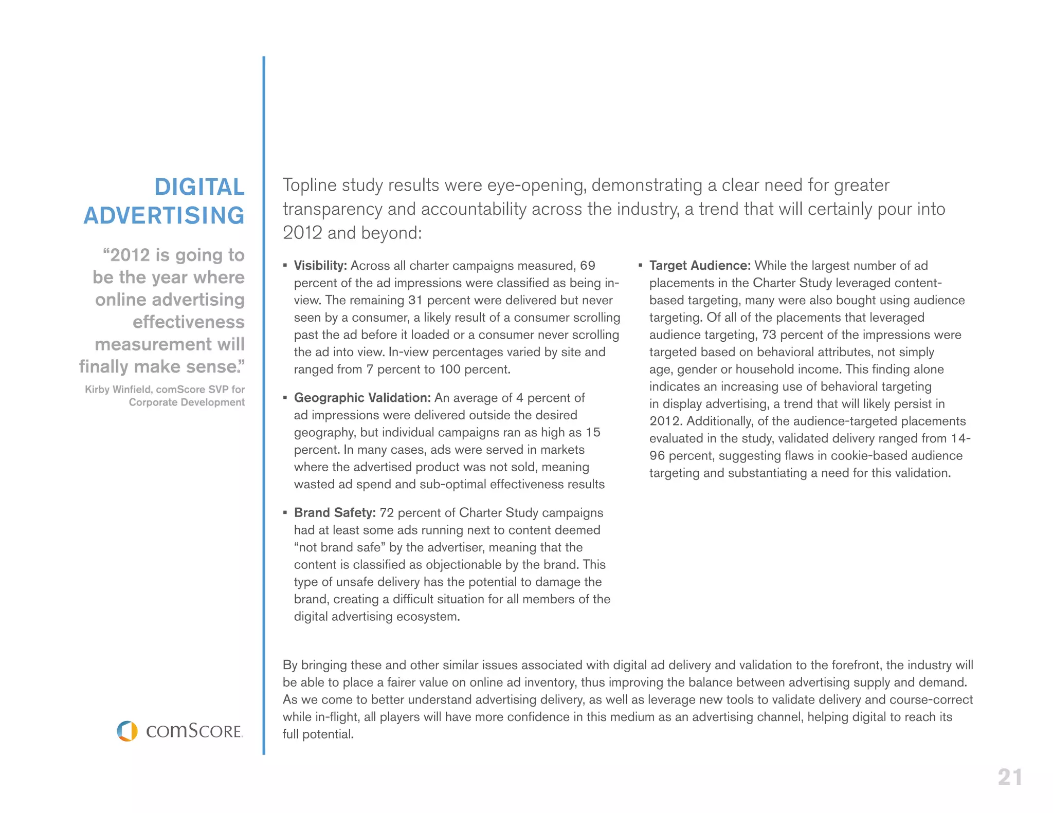 DIGITAL                        Topline study results were eye-opening, demonstrating a clear need for greater
ADVERTISING                        transparency and accountability across the industry, a trend that will certainly pour into
                                   2012 and beyond:
    “2012 is going to              •	 Visibility: Across all charter campaigns measured, 69          •	 Target Audience: While the largest number of ad
  be the year where                   percent of the ad impressions were classified as being in-        placements in the Charter Study leveraged content-
   online advertising                 view. The remaining 31 percent were delivered but never           based targeting, many were also bought using audience
        effectiveness                 seen by a consumer, a likely result of a consumer scrolling       targeting. Of all of the placements that leveraged
                                      past the ad before it loaded or a consumer never scrolling        audience targeting, 73 percent of the impressions were
  measurement will                    the ad into view. In-view percentages varied by site and          targeted based on behavioral attributes, not simply
finally make sense.”                  ranged from 7 percent to 100 percent.                             age, gender or household income. This finding alone
Kirby Winfield, comScore SVP for                                                                        indicates an increasing use of behavioral targeting
         Corporate Development     •	 Geographic Validation: An average of 4 percent of                 in display advertising, a trend that will likely persist in
                                      ad impressions were delivered outside the desired                 2012. Additionally, of the audience-targeted placements
                                      geography, but individual campaigns ran as high as 15             evaluated in the study, validated delivery ranged from 14-
                                      percent. In many cases, ads were served in markets                96 percent, suggesting flaws in cookie-based audience
                                      where the advertised product was not sold, meaning                targeting and substantiating a need for this validation.
                                      wasted ad spend and sub-optimal effectiveness results

                                   •	 Brand Safety: 72 percent of Charter Study campaigns
                                      had at least some ads running next to content deemed
                                      “not brand safe” by the advertiser, meaning that the
                                      content is classified as objectionable by the brand. This
                                      type of unsafe delivery has the potential to damage the
                                      brand, creating a difficult situation for all members of the
                                      digital advertising ecosystem.


                                   By bringing these and other similar issues associated with digital ad delivery and validation to the forefront, the industry will
                                   be able to place a fairer value on online ad inventory, thus improving the balance between advertising supply and demand.
                                   As we come to better understand advertising delivery, as well as leverage new tools to validate delivery and course-correct
                                   while in-flight, all players will have more confidence in this medium as an advertising channel, helping digital to reach its
                                   full potential.


                                                                                                                                                                       21
 