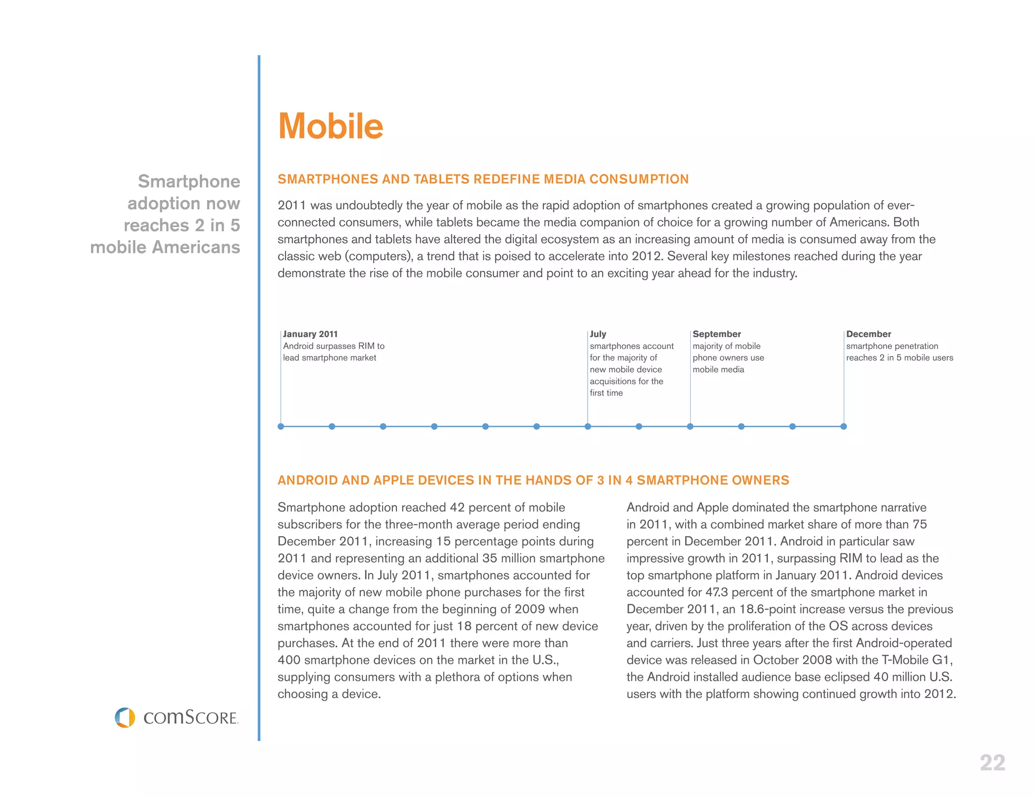 Mobile
     Smartphone     SMARTPHONES AND TABLETS REDEFINE MEDIA CONSUMPTION
    adoption now    2011 was undoubtedly the year of mobile as the rapid adoption of smartphones created a growing population of ever-
   reaches 2 in 5   connected consumers, while tablets became the media companion of choice for a growing number of Americans. Both
                    smartphones and tablets have altered the digital ecosystem as an increasing amount of media is consumed away from the
mobile Americans    classic web (computers), a trend that is poised to accelerate into 2012. Several key milestones reached during the year
                    demonstrate the rise of the mobile consumer and point to an exciting year ahead for the industry.



                     January 2011                                           July                   September                 December
                     Android surpasses RIM to                               smartphones account    majority of mobile        smartphone penetration
                     lead smartphone market                                 for the majority of    phone owners use          reaches 2 in 5 mobile users
                                                                            new mobile device      mobile media
                                                                            acquisitions for the
                                                                            first time




                    ANDROID AND APPLE DEVICES IN THE HANDS OF 3 IN 4 SMARTPHONE OWNERS

                    Smartphone adoption reached 42 percent of mobile                Android and Apple dominated the smartphone narrative
                    subscribers for the three-month average period ending           in 2011, with a combined market share of more than 75
                    December 2011, increasing 15 percentage points during           percent in December 2011. Android in particular saw
                    2011 and representing an additional 35 million smartphone       impressive growth in 2011, surpassing RIM to lead as the
                    device owners. In July 2011, smartphones accounted for          top smartphone platform in January 2011. Android devices
                    the majority of new mobile phone purchases for the first        accounted for 47.3 percent of the smartphone market in
                    time, quite a change from the beginning of 2009 when            December 2011, an 18.6-point increase versus the previous
                    smartphones accounted for just 18 percent of new device         year, driven by the proliferation of the OS across devices
                    purchases. At the end of 2011 there were more than              and carriers. Just three years after the first Android-operated
                    400 smartphone devices on the market in the U.S.,               device was released in October 2008 with the T-Mobile G1,
                    supplying consumers with a plethora of options when             the Android installed audience base eclipsed 40 million U.S.
                    choosing a device.                                              users with the platform showing continued growth into 2012.




                                                                                                                                                           22
 