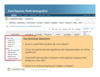 Core Reports: Perfil demográfico




            Key Business Questions

            • Qual é o perfil demográfico de meu site(s)?

            • Como os segmentos demográficos são representados na minha
              audiência?

            • Qual perfil demográfico consome mais páginas e passa mais
              tempo em meu site?

            • Como é a minha presença por região no Brasil?
                   © comScore, Inc. Proprietary and Confidential.   12
 