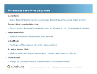 Ferramentas e relatórios disponíveis

Media Metrix

– Dados de audiência: rankings, trend, duplicação de audiência, cross visiting, origem e destino

Segment Metrix/ análise behavioral

– Comportamento dos heavy/moderate/light users por afinidade a + de 120 categorias de conteúdo

Reach/ Frequency

– Verifique o alcance e a frequência do plano de mídia

Video Metrix*

– Rankings, perfil demográfico e trend de vídeos na Internet

Ad Metrix (janeiro 2012)

– Mede os anúncios na Internet, veja as peças criativas, investimento em mídia, etc.

Media Builder

– Tráfego por urls específicas que não estão abertas/visíveis publicamente


                           © comScore, Inc. Proprietary and Confidential.   8   * Na América Latina disponível para Argentina, Brasil, Chile e México
 