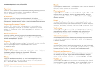 COMSCORE INDUSTRY SOLUTIONS                                                       Mobile
                                                                                  comScore Mobile Solutions offer a comprehensive suite of products designed to
                                                                                  address the unique needs of the mobile industry.
Agencies
comScore Agency Solutions provide the industry’s leading advertising agencies     Pharmaceutical
with the detailed insights needed to develop superior media plans                 comScore Pharmaceutical Solutions deliver actionable insights to help brand
and stay ahead in this dynamic environment.                                       marketers identify key alliances, optimize their digital initiatives, benchmark
                                                                                  against the competition and measure the ROI of a brand website and digital
Automotive                                                                        marketing programs.
comScore Automotive Solutions provide insights into the research
patterns, behaviors and attitudes of auto intenders, empowering automotive        Retail
manufacturers, agencies and third parties to make important business decisions.   comScore Retail Solutions allow marketers to understand the online retail
                                                                                  landscape, create superior digital marketing strategies and identify changes in
Consumer Packaged Goods                                                           consumers’ behavior and attitudes as they move through the purchase funnel.
comScore CPG Solutions allow industry marketers to accurately pinpoint
target audiences, gain insight into the competitive landscape and precisely       Technology
measure the effectiveness of their digital marketing efforts—both online and      comScore Technology Solutions provide unparalleled insight into technology
in retail stores.                                                                 usage and trends, allowing industry marketers to better understand the
                                                                                  technology landscape and create superior digital marketing strategies.
Financial Services
comScore Financial Services Solutions offer the world’s leading bankers,          Telecommunications
lenders, brokers and insurers the data-driven insights they need to guide their   comScore Telecommunications Solutions provide timely information needed
strategic digital marketing decisions.                                            to make critical business decisions, ranging from tactical marketing analyses
                                                                                  to strategic blueprints.
Gaming
comScore Gaming Solutions provide digital marketers with the clear, actionable    Travel
and accurate insights needed to understand the critical aspects                   comScore Travel Solutions help the world’s top airline, car rental, hotelier and
of the gaming market.                                                             online travel agency companies understand the online travel landscape to inform
                                                                                  business decisions and allow for improved digital marketing strategies.
Government
comScore Government Solutions help web analysts, policy makers, compliance        University and Academic
officers and marketers measure and manage their online efforts                    comScore University and Academic Solutions provide professors, researchers
and making their sites more citizen-centric.                                      and students with accurate, reliable and comprehensive media intelligence
                                                                                  needed to help them better understand the ever-changing digital landscape.
Media
comScore Media Solutions address the daily challenges agencies, online            Wall Street
publishers, ad networks, video technology companies and traditional media         comScore Wall Street Solutions empower the world’s leading equity analysts,
face in this rapidly shifting media environment.                                  investment bankers, hedge fund managers, venture capitalists and brokers to
                                                                                  make important investment decisions that matter most to their business.
CONTACT    learnmore@comscore.com     www.comscore.com
 