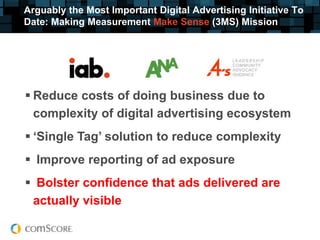 Arguably the Most Important Digital Advertising Initiative To
Date: Making Measurement Make Sense (3MS) Mission




 Reduce costs of doing business due to
  complexity of digital advertising ecosystem
 ‘Single Tag’ solution to reduce complexity
 Improve reporting of ad exposure
 Bolster confidence that ads delivered are
 actually visible
 