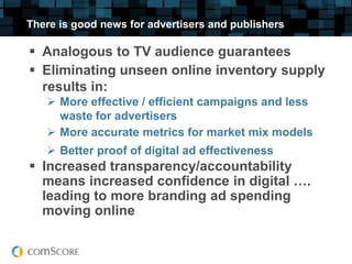 There is good news for advertisers and publishers

 Analogous to TV audience guarantees
 Eliminating unseen online inventory supply
  results in:
    More effective / efficient campaigns and less
     waste for advertisers
    More accurate metrics for market mix models
    Better proof of digital ad effectiveness
 Increased transparency/accountability
  means increased confidence in digital ….
  leading to more branding ad spending
  moving online
 