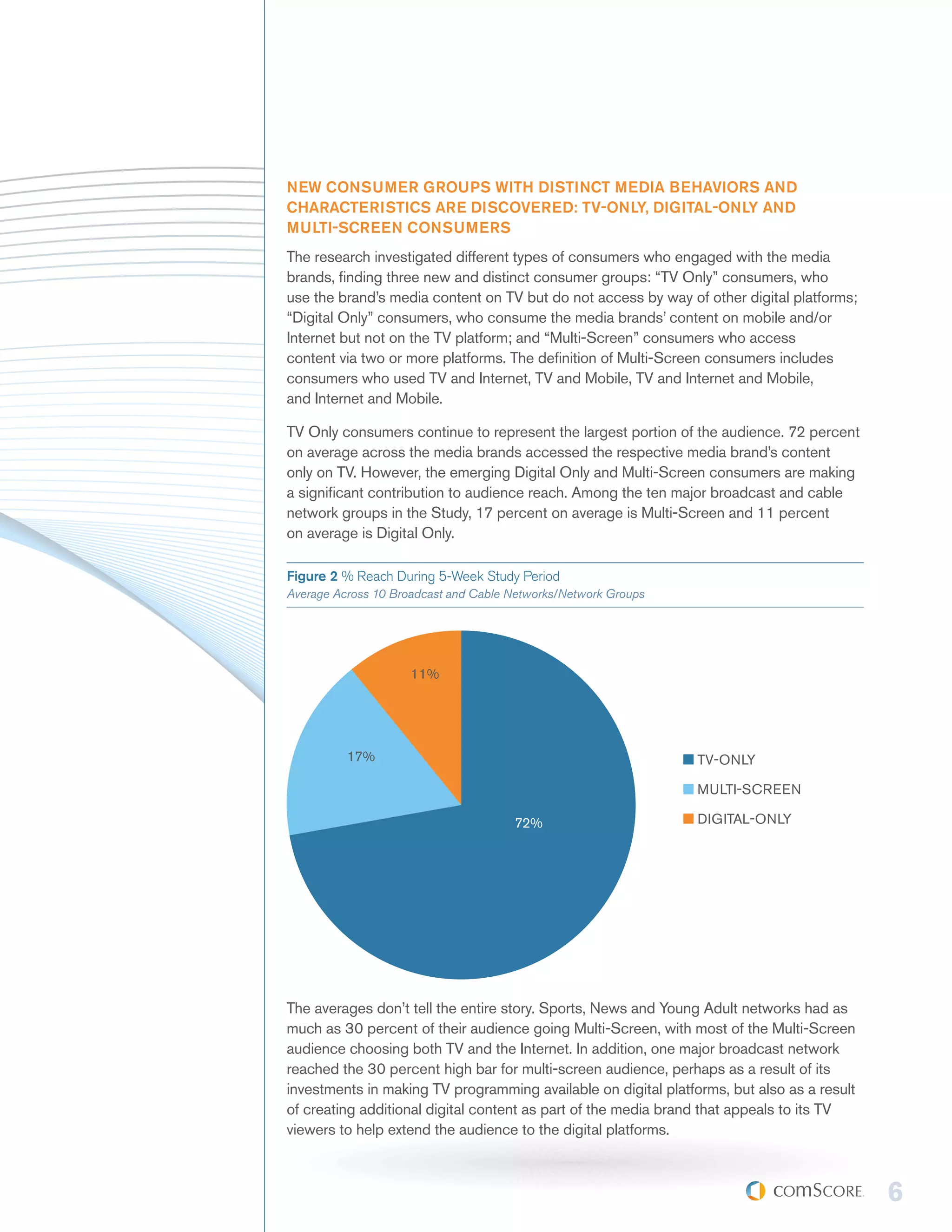 NEW CONSUMER GROUPS WITH DISTINCT MEDIA BEHAVIORS AND
CHARACTERISTICS ARE DISCOVERED: TV-ONLY, DIGITAL-ONLY AND
MULTI-SCREEN CONSUMERS
The research investigated different types of consumers who engaged with the media
brands, finding three new and distinct consumer groups: “TV Only” consumers, who
use the brand’s media content on TV but do not access by way of other digital platforms;
“Digital Only” consumers, who consume the media brands’ content on mobile and/or
Internet but not on the TV platform; and “Multi-Screen” consumers who access
content via two or more platforms. The definition of Multi-Screen consumers includes
consumers who used TV and Internet, TV and Mobile, TV and Internet and Mobile,
and Internet and Mobile.

TV Only consumers continue to represent the largest portion of the audience. 72 percent
on average across the media brands accessed the respective media brand’s content
only on TV. However, the emerging Digital Only and Multi-Screen consumers are making
a significant contribution to audience reach. Among the ten major broadcast and cable
network groups in the Study, 17 percent on average is Multi-Screen and 11 percent
on average is Digital Only.

Figure 2 % Reach During 5-Week Study Period
Average Across 10 Broadcast and Cable Networks/Network Groups




                     11%




          17%                                                   TV-ONLY

                                                                MULTI-SCREEN

                                      72%                       DIGITAL-ONLY




The averages don’t tell the entire story. Sports, News and Young Adult networks had as
much as 30 percent of their audience going Multi-Screen, with most of the Multi-Screen
audience choosing both TV and the Internet. In addition, one major broadcast network
reached the 30 percent high bar for multi-screen audience, perhaps as a result of its
investments in making TV programming available on digital platforms, but also as a result
of creating additional digital content as part of the media brand that appeals to its TV
viewers to help extend the audience to the digital platforms.



                                                                                            6
 
