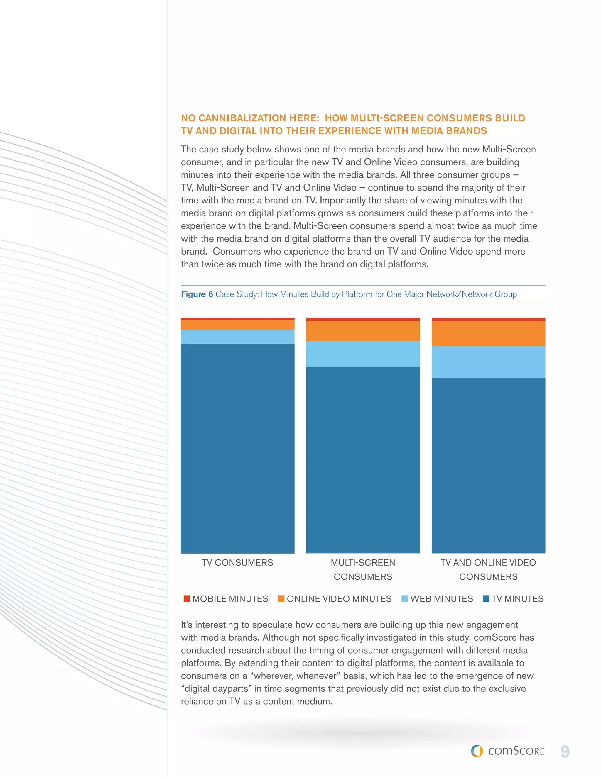 NO CANNIBALIZATION HERE: HOW MULTI-SCREEN CONSUMERS BUILD
TV AND DIGITAL INTO THEIR EXPERIENCE WITH MEDIA BRANDS
The case study below shows one of the media brands and how the new Multi-Screen
consumer, and in particular the new TV and Online Video consumers, are building
minutes into their experience with the media brands. All three consumer groups –
TV, Multi-Screen and TV and Online Video – continue to spend the majority of their
time with the media brand on TV. Importantly the share of viewing minutes with the
media brand on digital platforms grows as consumers build these platforms into their
experience with the brand. Multi-Screen consumers spend almost twice as much time
with the media brand on digital platforms than the overall TV audience for the media
brand. Consumers who experience the brand on TV and Online Video spend more
than twice as much time with the brand on digital platforms.


Figure 6 Case Study: How Minutes Build by Platform for One Major Network/Network Group




     TV CONSUMERS                     MULTI-SCREEN                TV AND ONLINE VIDEO
                                       CONSUMERS                       CONSUMERS

  MOBILE MINUTES           ONLINE VIDEO MINUTES           WEB MINUTES          TV MINUTES

It’s interesting to speculate how consumers are building up this new engagement
with media brands. Although not specifically investigated in this study, comScore has
conducted research about the timing of consumer engagement with different media
platforms. By extending their content to digital platforms, the content is available to
consumers on a “wherever, whenever” basis, which has led to the emergence of new
“digital dayparts” in time segments that previously did not exist due to the exclusive
reliance on TV as a content medium.




                                                                                            9
 
