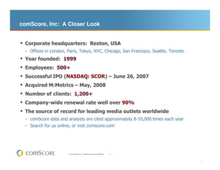 comScore, Inc: A Closer Look


 Corporate headquarters: Reston, USA
 – Offices in London, Paris, Tokyo, NYC, Chicago, San ...