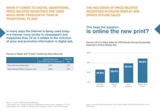 whEn IT ComEs To dIgITaL adVErTIsIng,                                                        ThE InCLusIon oF prICE-rELaTEd
prICE-rELaTEd InCEnTIVEs arE usEd                                                            InCEnTIVEs In onLInE dIspLay ads
muCh morE FrEQuEnTLy Than In                                                                 drIVEs oFFLInE saLEs
TradITIonaL TV ads

                                                                                             This begs the question:
In many ways the Internet is being used today
in a manner more similar to newspapers and
                                                                                             is online the new print?
magazines than TV as it relates to the inclusion
of price and promotion information in digital ads.                                           percent Lift in In-store sales for Cpg Brands among households
                                                                                             Exposed to online display ads


                                                                                             60%
percent of digital and TV ads* Containing Value Elements

                                                  digital display ads           Television
                                            (rich Media, banners, rectangles)      ads       40%                                                             48.9%
 Value (economy/savings)                                  22%                       2%
                                                                                                                                            39.5%
 Value (special offers, Coupons, etc.)                    38%                       2%
                                                                                                                          28.4%
                                                                                             20%
                                                                                                         26.8%


                                                                                              0%
                                                                                                          no Value         Coupon             Free          explicit Value
                                                                                                         information        only             samples           Claim




source: comscore ars integrated database
*Cases drawn from comscore ars test databases and balanced by category (n=100 for            source: comscore ars-dunnhumby Case study of Major Cpg brands (blinded, n=13),
digital display ads, n=3,681 for television ads); majority of cases involved Cpg brands.     2009-2010
 