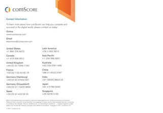 Contact Information

To learn more about how comscore can help you compete and
succeed in the digital world, please contact us today:
online
www.comscore.com
Email
learnmore@comscore.com


united states                                              Latin america
+1 866 276 6972                                            +56 2 963 5810
Canada                                                     asia pacific
+1 416 646 9911                                            +1 206 399 9951
united Kingdom                                             australia
+44 (0) 20 7099 1760                                       +62 029 006 1486
France                                                     China
+33 (0) 1 53 43 90 76                                      +86 01 6523 3187
germany (hamburg)                                          India
+49 (0) 40 47644 951                                       +91 (9920) 8833 23
germany (düsseldorf)                                       Japan
+49 (0) 211 5403 9855                                      +81 3 5789 5555
spain                                                      singapore
+34 (0) 91 443 08 00                                       +65 9478 2100

Many of the findings herein are based on data and insight gleaned from comscore services and solutions.
research data or a portion of text less than one paragraph in length may be cited, provided that each is sourced
to comscore. For example, “source: comscore, inc.” or “according to comscore, ....” Copies of graphs or data
tables must include the following copyright notice affixed to all material: “Copyright © 2011 comscore, inc.”

© 2011 comscore, inc.
 