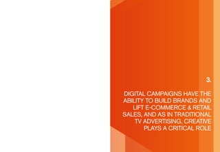 3.

digiTaL CaMpaigns haVe The
abiLiTy To bUiLd brands and
   LiFT e-CoMMerCe & reTaiL
saLes, and as in TradiTionaL
    TV adVerTising, CreaTiVe
       pLays a CriTiCaL roLe
 