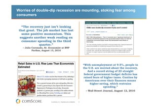 Worries of double-dip recession are mounting, stoking fear among
consumers


   “The recovery just isn’t looking
 that great. The job market has lost
   some positive momentum. This
  suggests another weak reading on
   consumer spending in the third
              quarter.”
   – Julia Coronado, Sr. Economist at BNP
           Paribas, August 13, 2010




                                                                               “With unemployment at 9.5%, people in
                                                                               the U.S. are worried about the recovery.
                                                                                   And a record string of 22 straight
                                                                                federal government budget deficits has
                                                                               raised fears of higher taxes. Caution by
                                                                                 Americans over their finances means
                                                                                    higher saving, which restrains
                                                                                              spending.”
                                                                                 – Wall Street Journal, August 12, 2010



                          © comScore, Inc. Proprietary and Confidential.   9
 