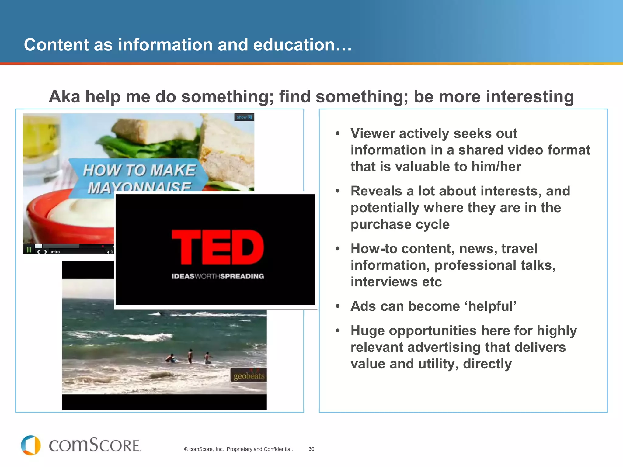 Content as information and education…

  Aka help me do something; find something; be more interesting

                                                                        • Viewer actively seeks out
                                                                          information in a shared video format
                                                                          that is valuable to him/her
                                                                        • Reveals a lot about interests, and
                                                                          potentially where they are in the
                                                                          purchase cycle
                                                                        • How-to content, news, travel
                                                                          information, professional talks,
                                                                          interviews etc
                                                                        • Ads can become ‘helpful’
                                                                        • Huge opportunities here for highly
                                                                          relevant advertising that delivers
                                                                          value and utility, directly




                  © comScore, Inc. Proprietary and Confidential.   30
 